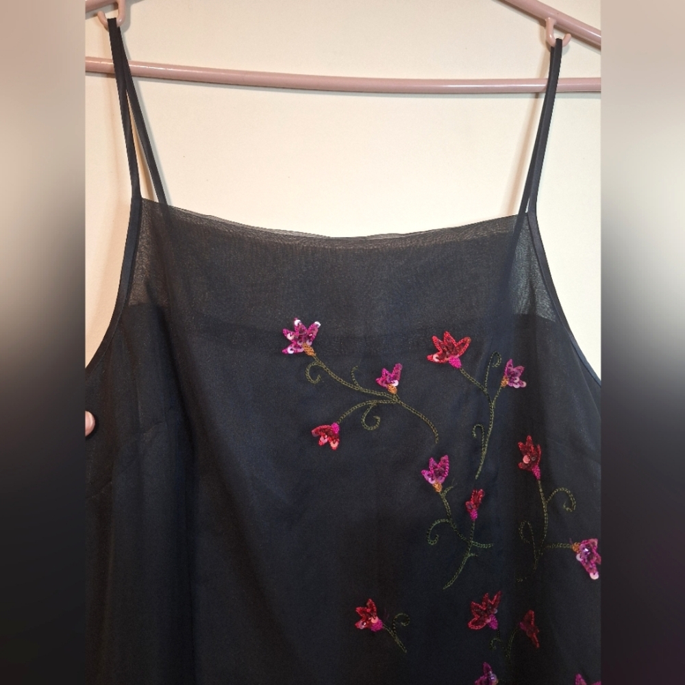 Vintage Phoebe Petites Black Beaded Floral Sheer Dress Sz 12 Fits Small Y2K 90s - Picture 3 of 8